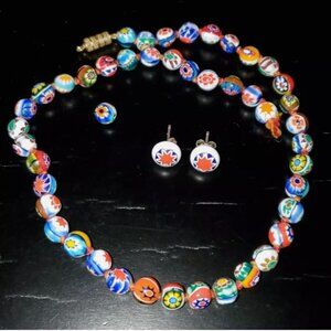 Vintage Murano Millefiori Moretti Glass Bead 16" Necklace + Earrings BROKE